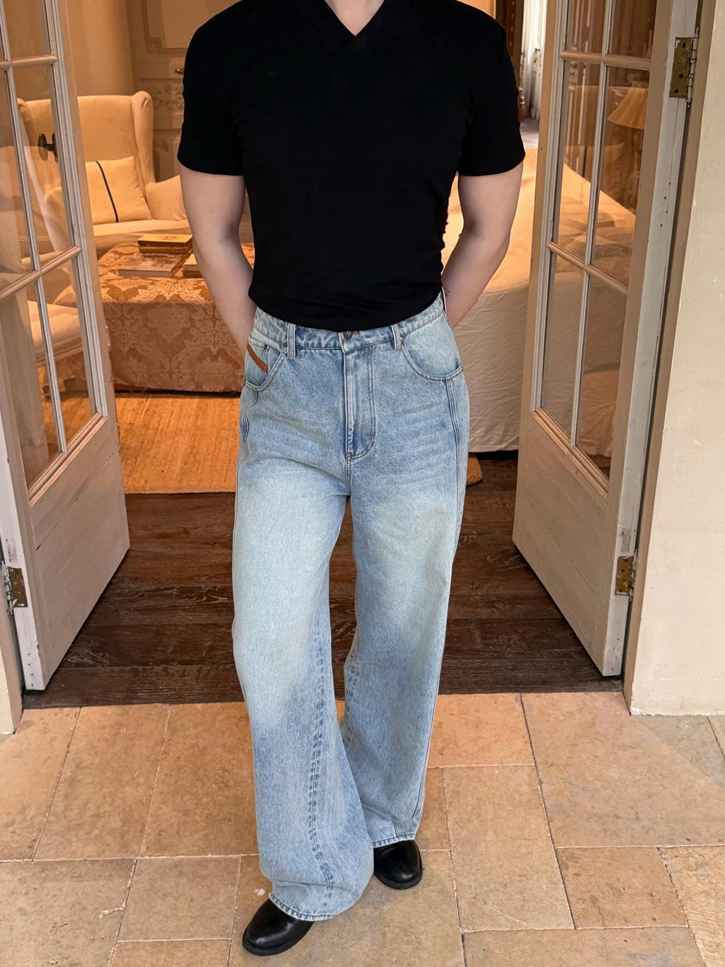 BALITONE Breathable Cotton Lyocell Mid Rise Washed Light Blue Loose Men Wide-Leg Jeans