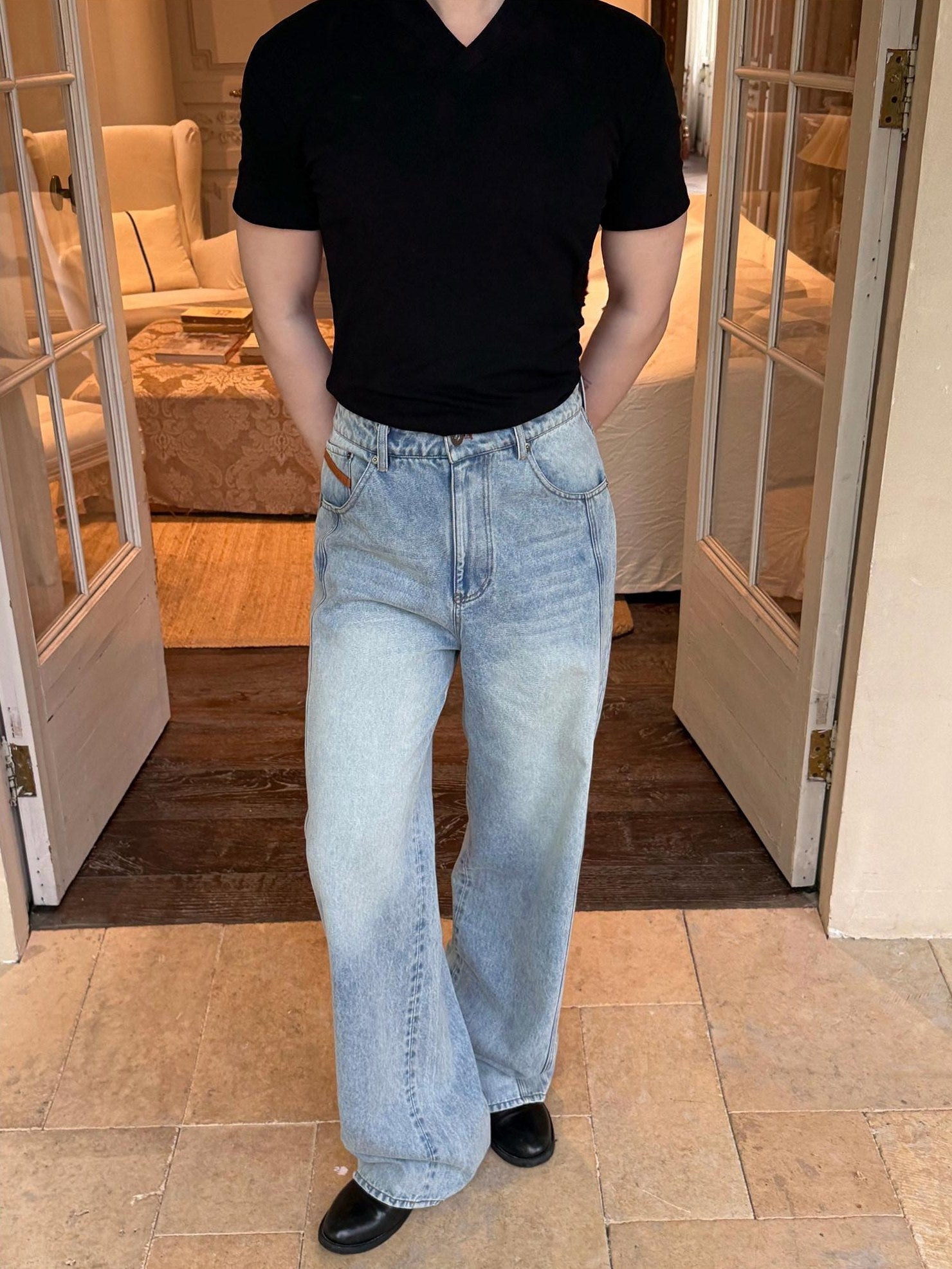 BALITONE Breathable Cotton Lyocell Mid Rise Washed Light Blue Loose Men Wide-Leg Jeans