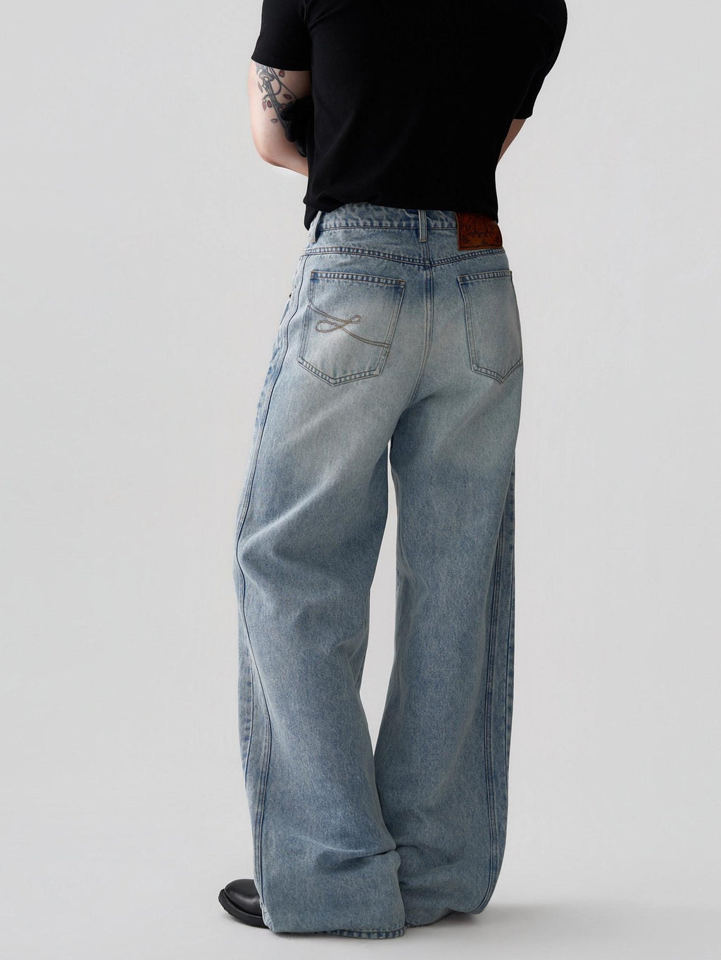 BALITONE Breathable Cotton Lyocell Mid Rise Washed Light Blue Loose Men Wide-Leg Jeans