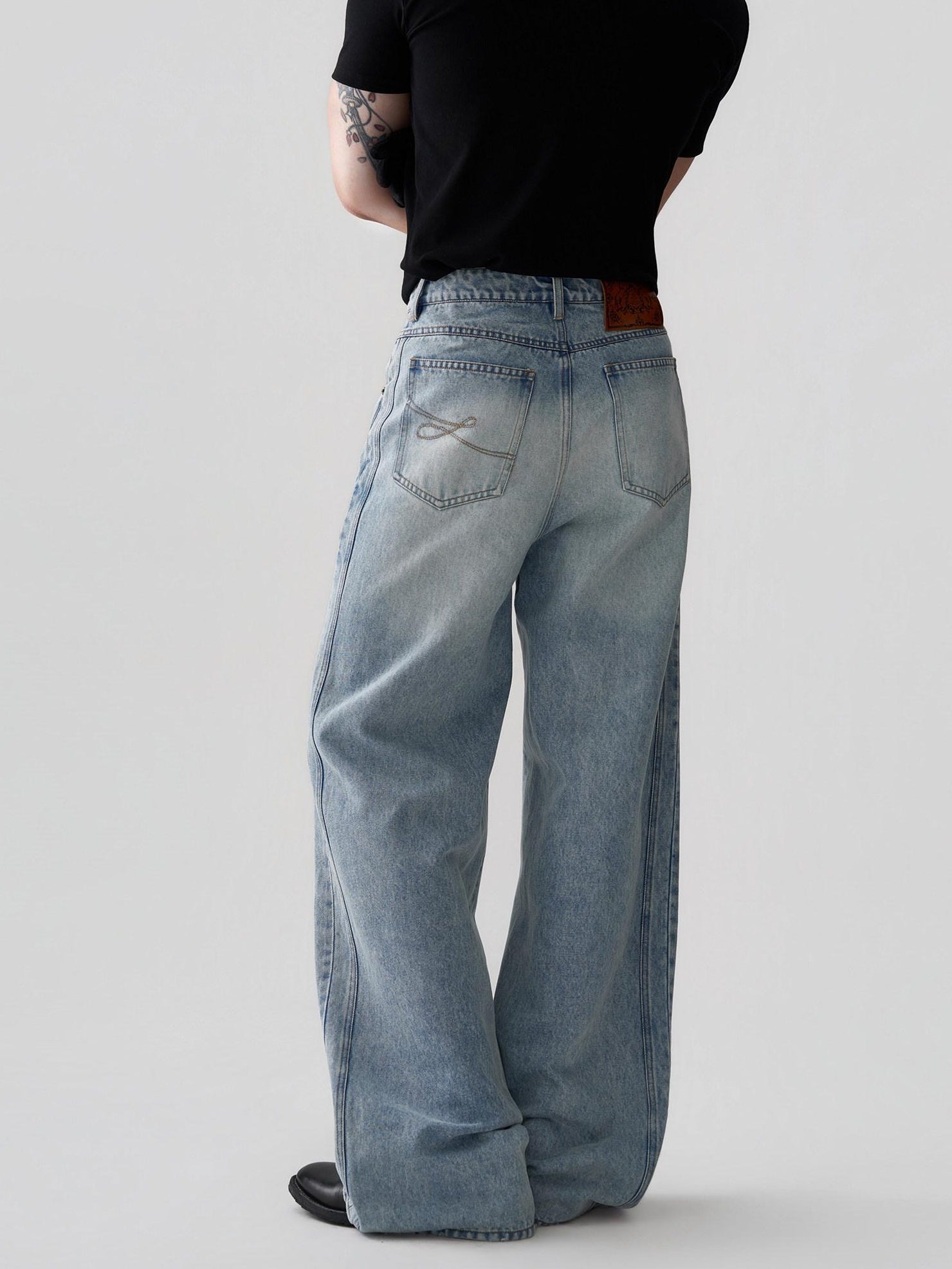 BALITONE Breathable Cotton Lyocell Mid Rise Washed Light Blue Loose Men Wide-Leg Jeans