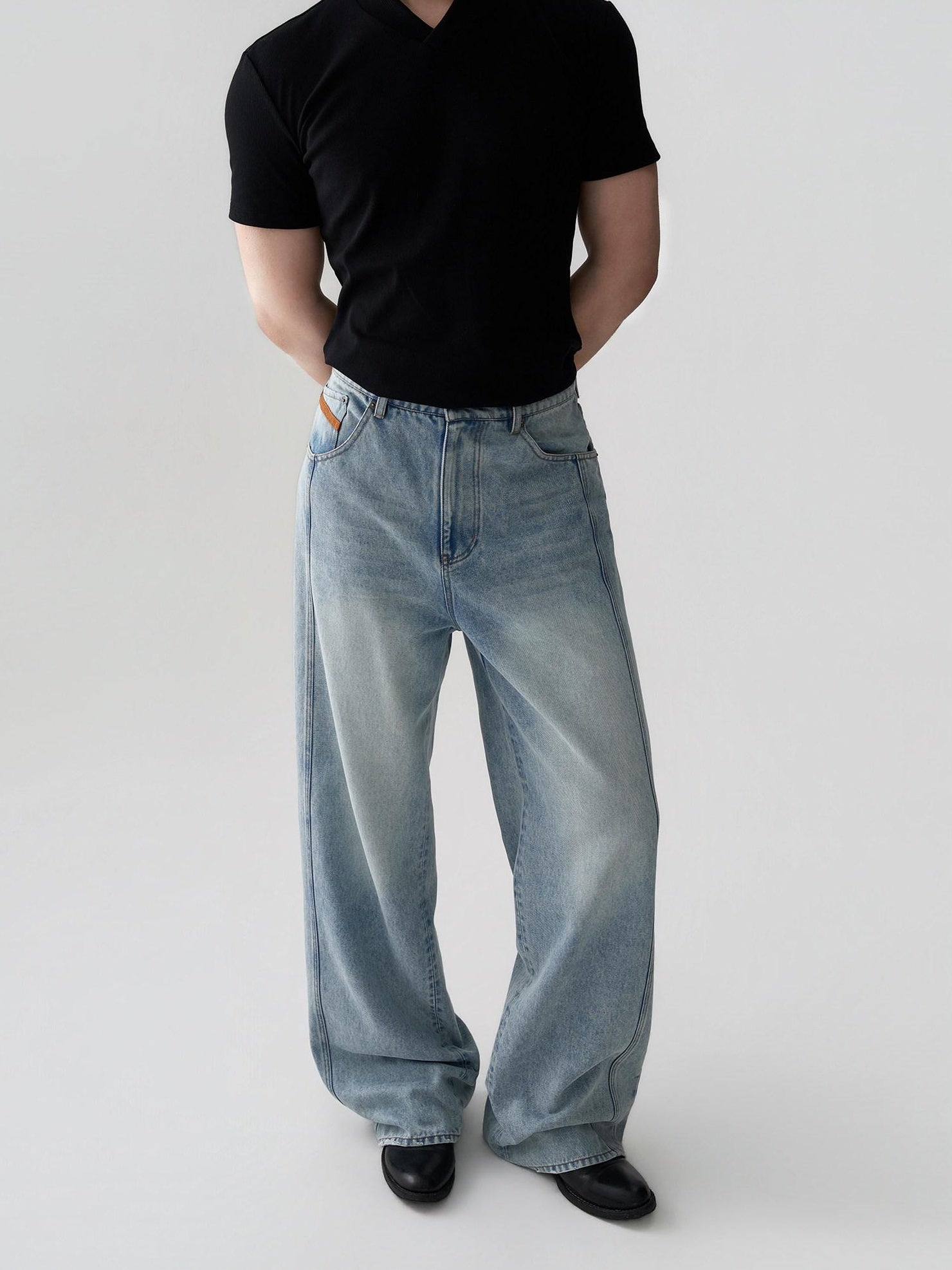 BALITONE Breathable Cotton Lyocell Mid Rise Washed Light Blue Loose Men Wide-Leg Jeans