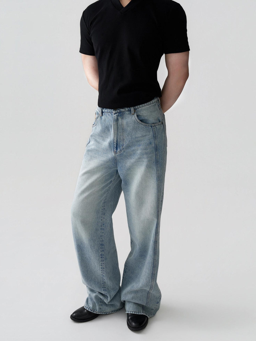 BALITONE Breathable Cotton Lyocell Mid Rise Washed Light Blue Loose Men Wide-Leg Jeans