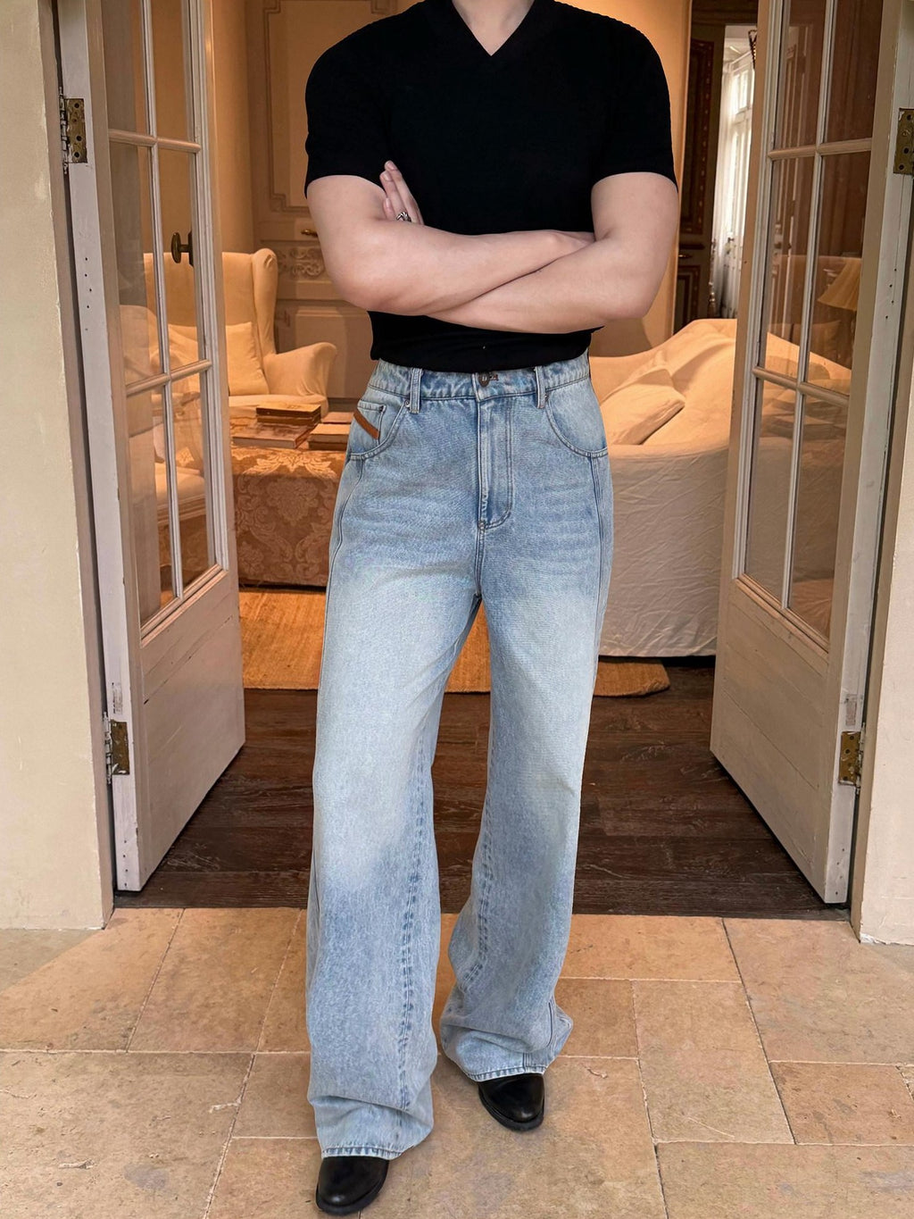 BALITONE Breathable Cotton Lyocell Mid Rise Washed Light Blue Loose Men Wide-Leg Jeans
