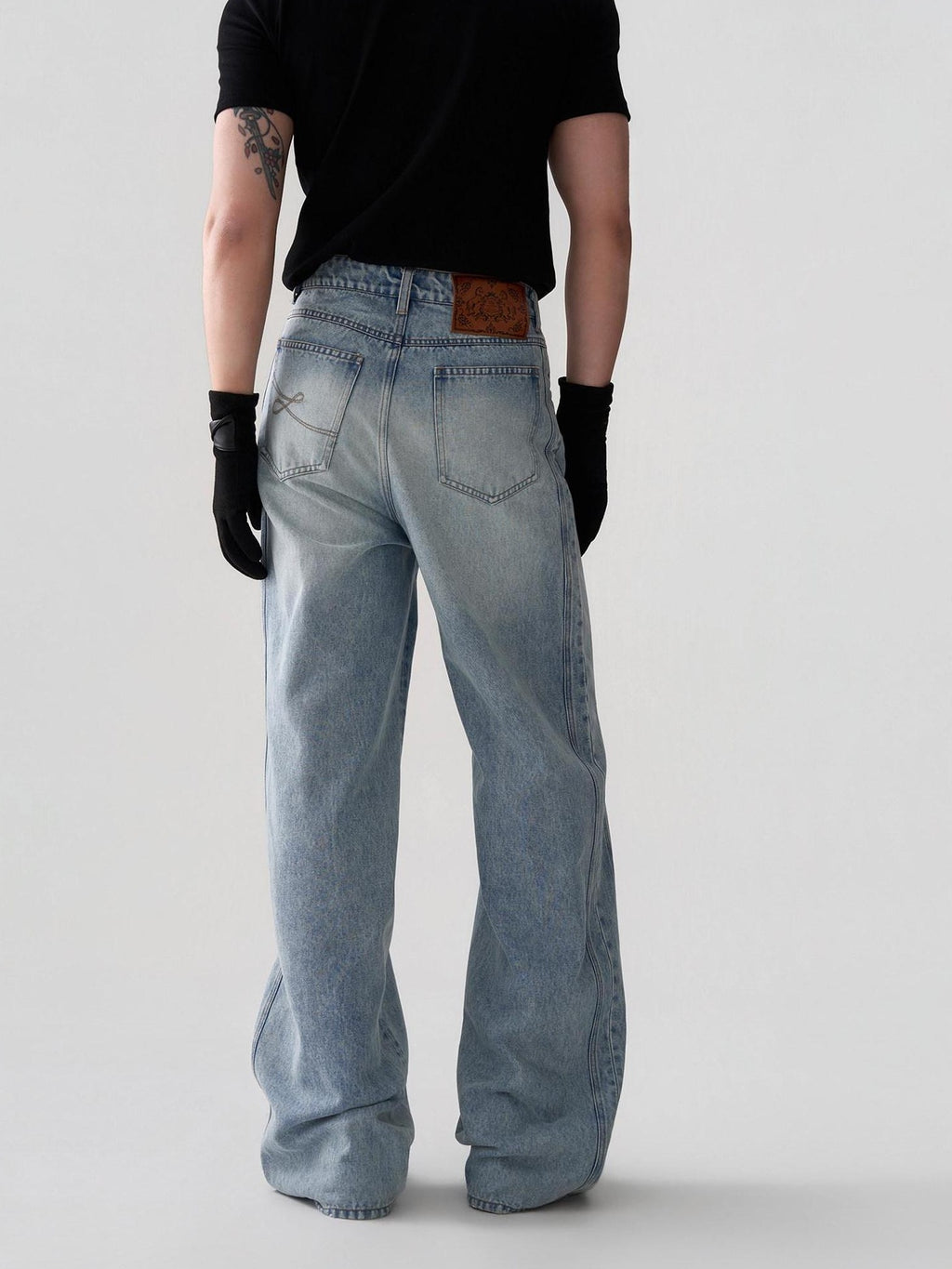 BALITONE Breathable Cotton Lyocell Mid Rise Washed Light Blue Loose Men Wide-Leg Jeans