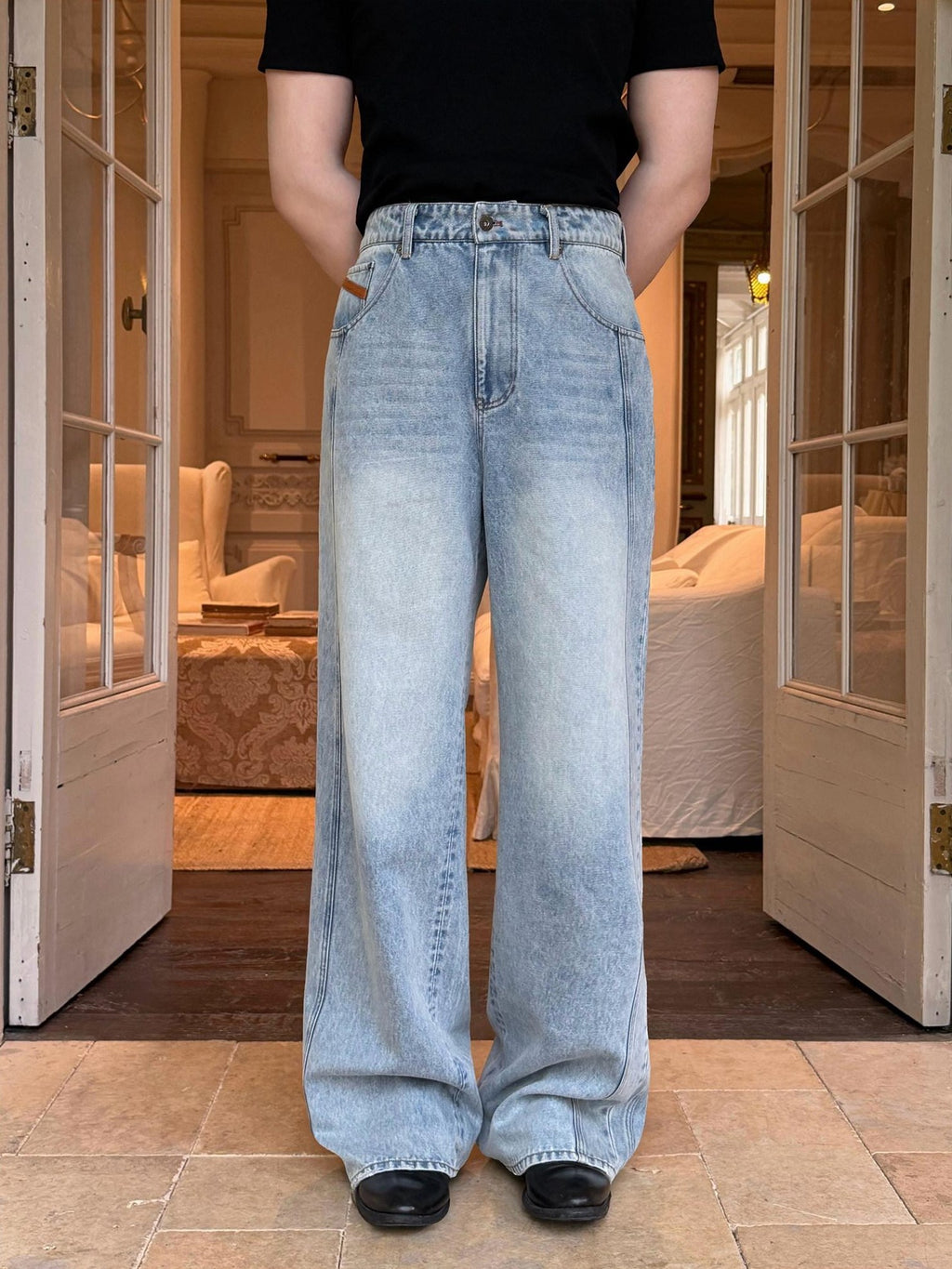 BALITONE Breathable Cotton Lyocell Mid Rise Washed Light Blue Loose Men Wide-Leg Jeans