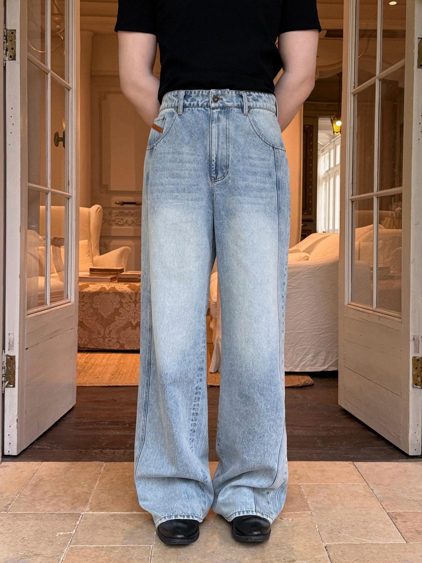 BALITONE Breathable Cotton Lyocell Mid Rise Washed Light Blue Loose Men Wide-Leg Jeans