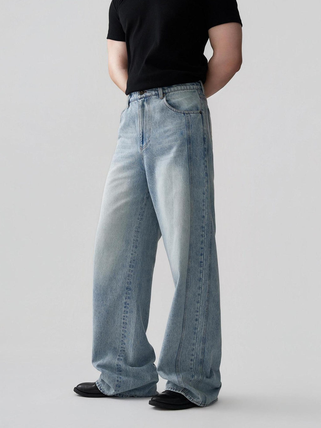 BALITONE Breathable Cotton Lyocell Mid Rise Washed Light Blue Loose Men Wide-Leg Jeans