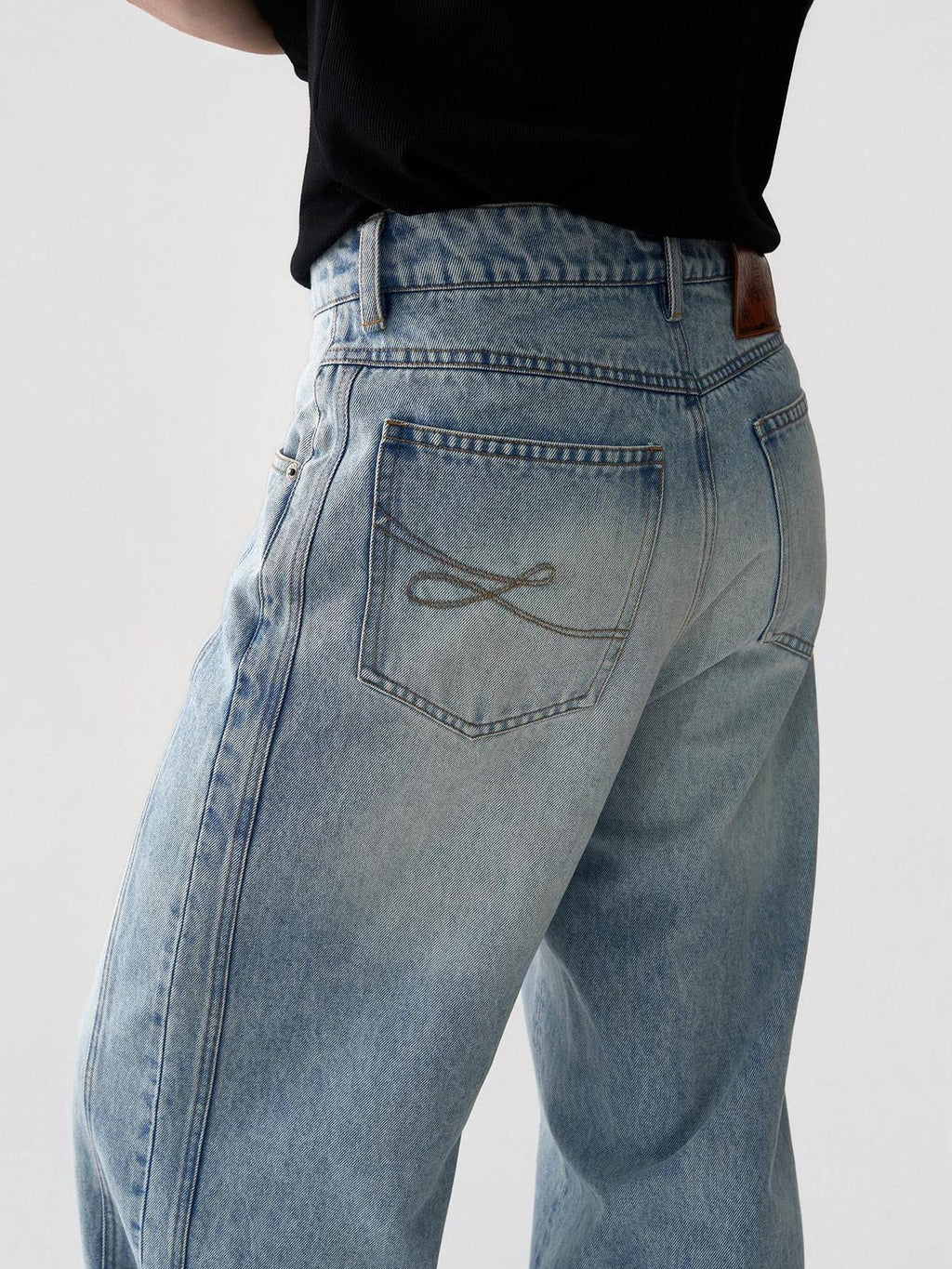 BALITONE Breathable Cotton Lyocell Mid Rise Washed Light Blue Loose Men Wide-Leg Jeans