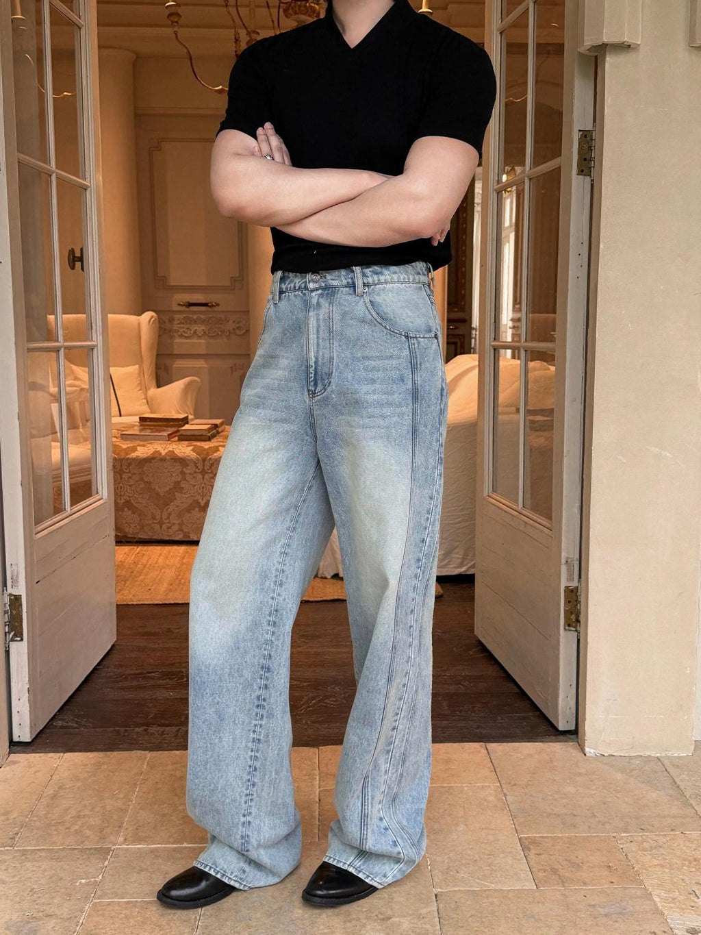 BALITONE Breathable Cotton Lyocell Mid Rise Washed Light Blue Loose Men Wide-Leg Jeans