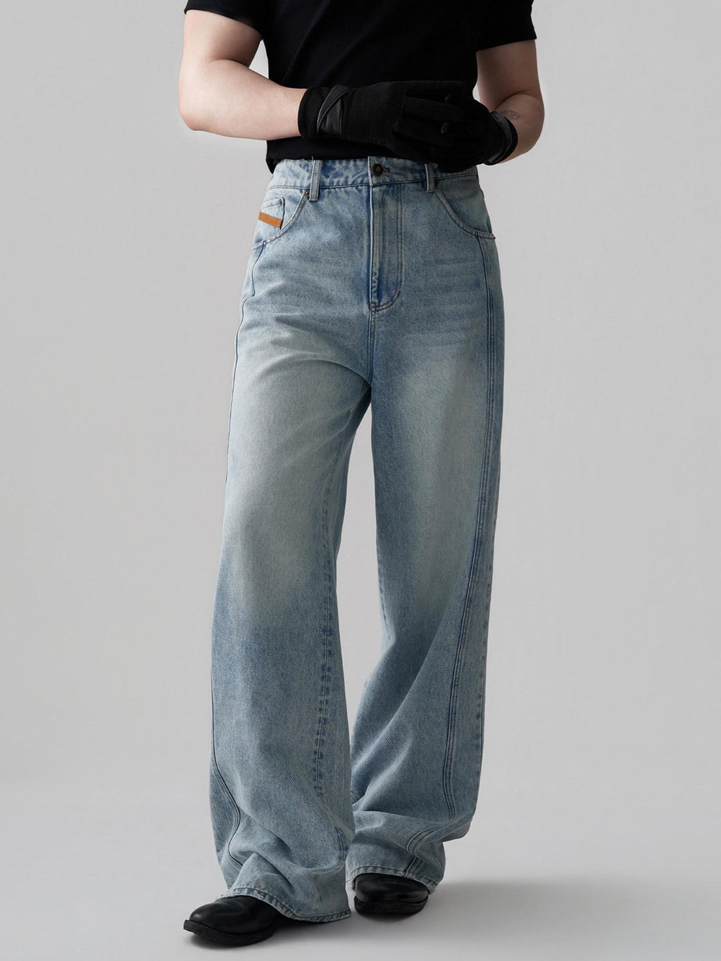 BALITONE Breathable Cotton Lyocell Mid Rise Washed Light Blue Loose Men Wide-Leg Jeans