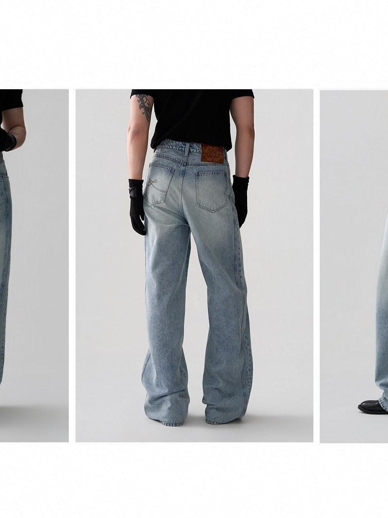 BALITONE Breathable Cotton Lyocell Mid Rise Washed Light Blue Loose Men Wide-Leg Jeans