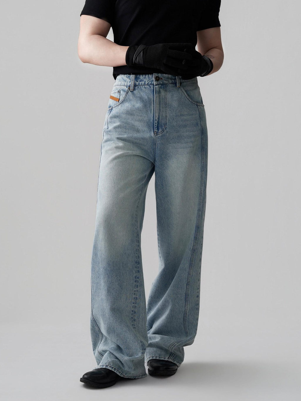 BALITONE Breathable Cotton Lyocell Mid Rise Washed Light Blue Loose Men Wide-Leg Jeans