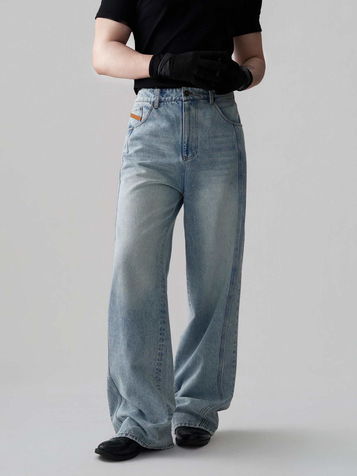 BALITONE Breathable Cotton Lyocell Mid Rise Washed Light Blue Loose Men Wide-Leg Jeans