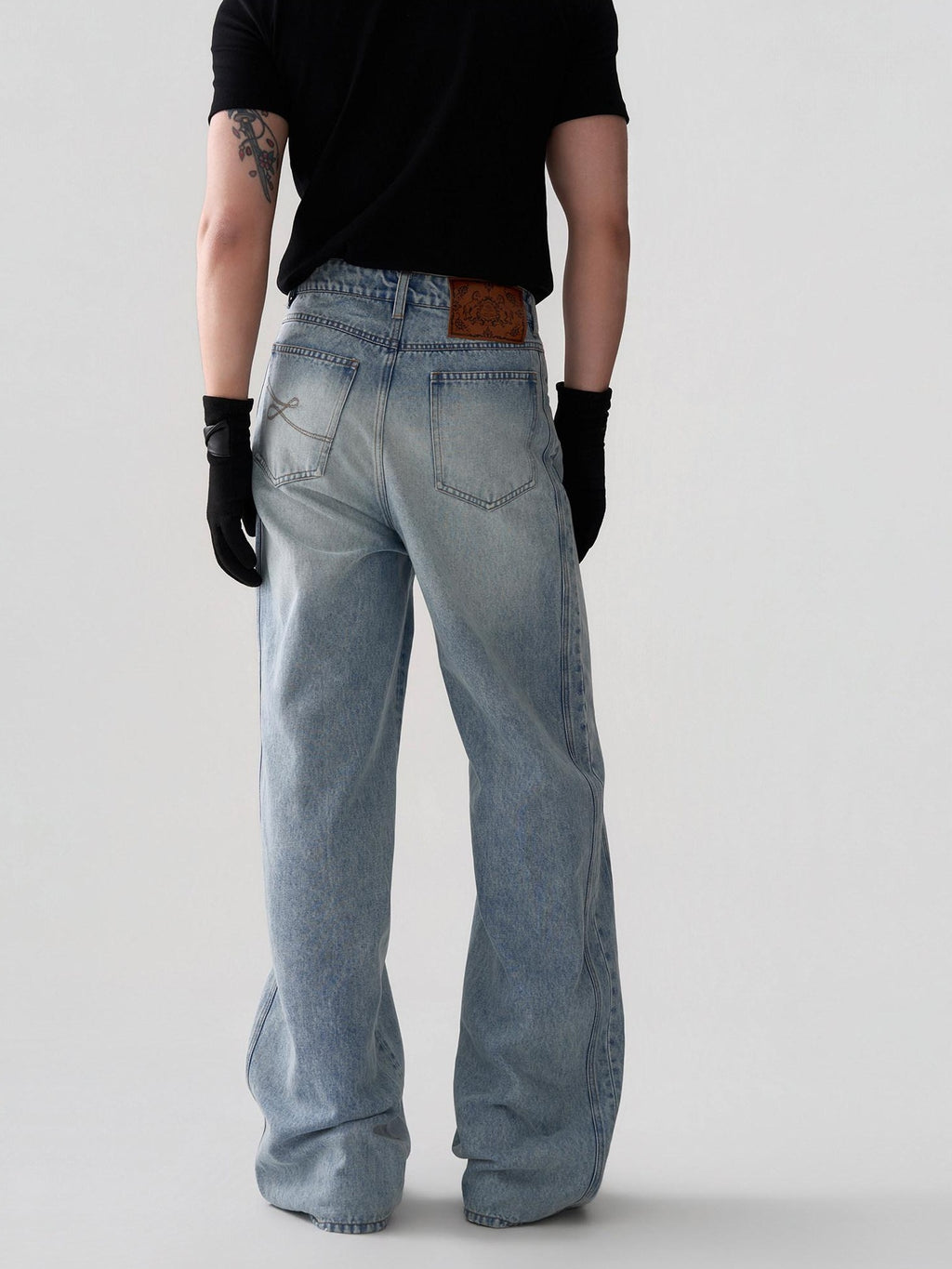 BALITONE Breathable Cotton Lyocell Mid Rise Washed Light Blue Loose Men Wide-Leg Jeans