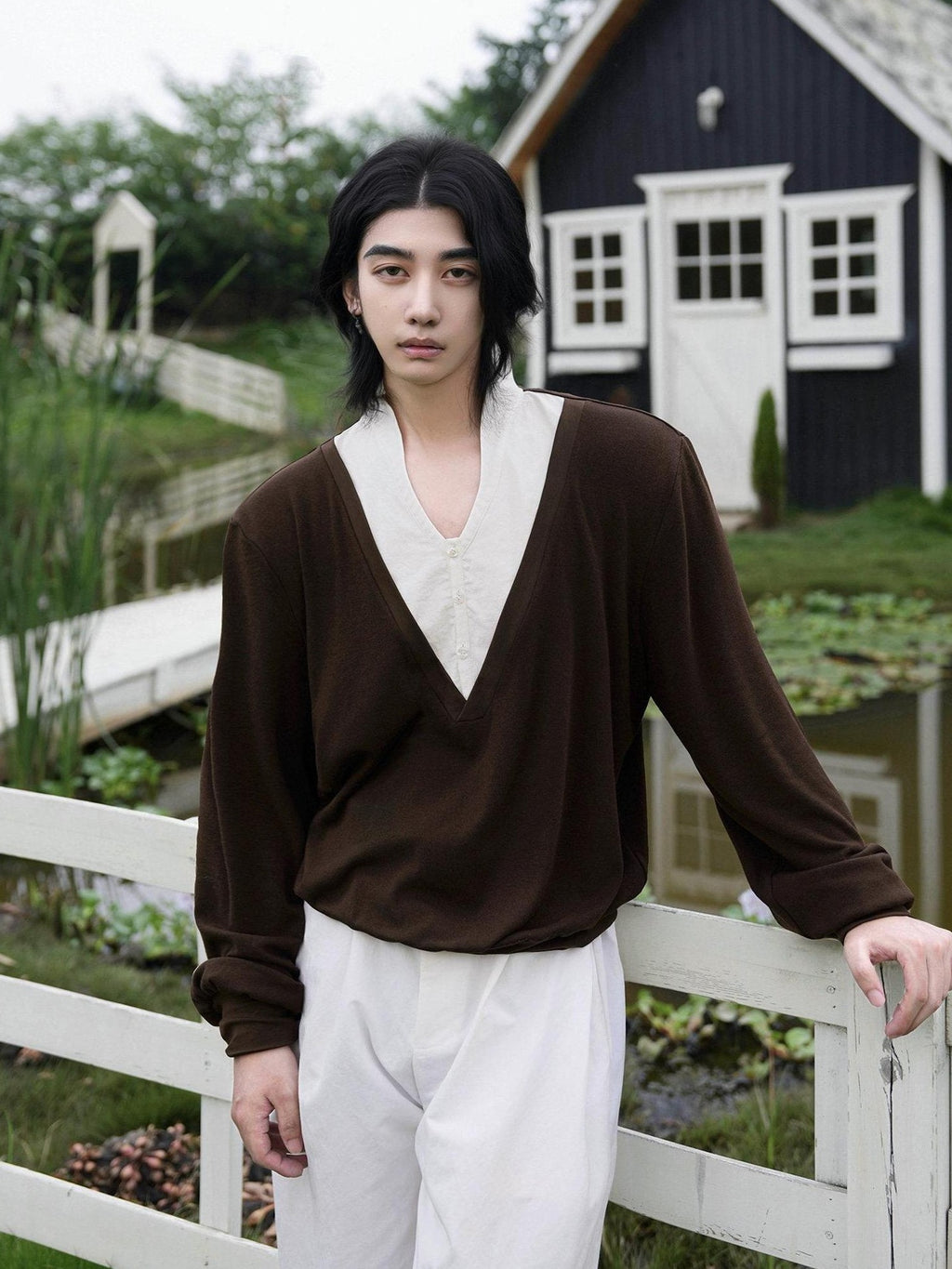 BALITONE Breathable Cotton Patchwork Loose Fit Unisex Casual Pullover V-Neck Sweaters