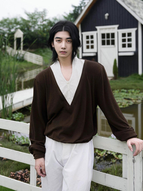 BALITONE Breathable Cotton Patchwork Loose Fit Unisex Casual Pullover V-Neck Sweaters