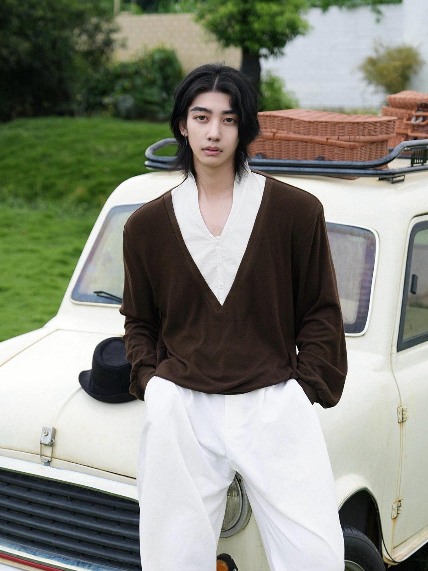 BALITONE Breathable Cotton Patchwork Loose Fit Unisex Casual Pullover V-Neck Sweaters
