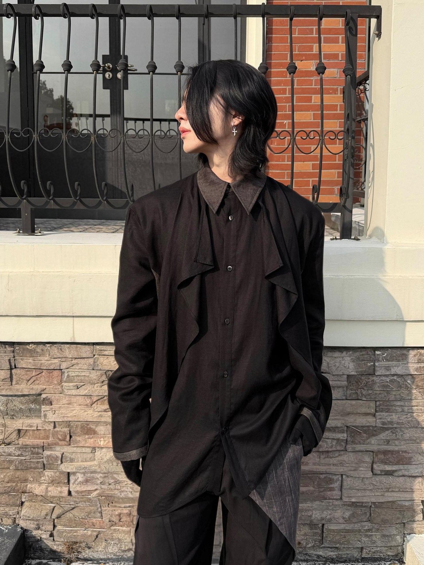 BALITONE Breathable Hemp Blend 3D Tailored Loose Wave Lapel Unisex Poplin Shirts