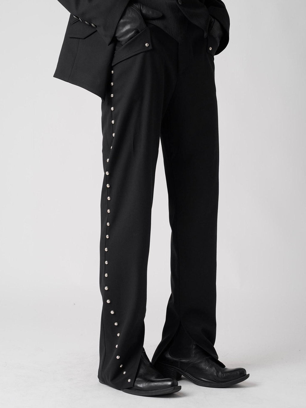 BALITONE Breathable Metal Mid Rise Split Hem Black Wide-Leg Casual Trousers