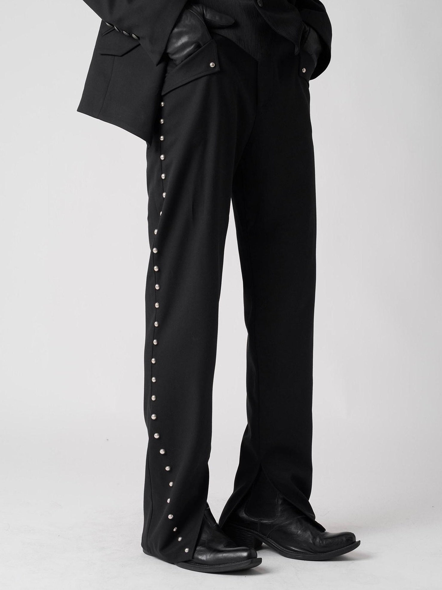 BALITONE Breathable Metal Mid Rise Split Hem Black Wide-Leg Casual Trousers