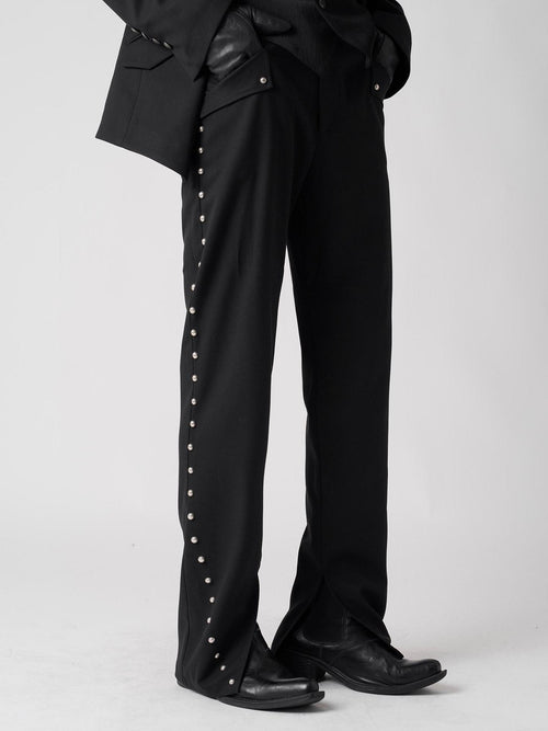 BALITONE Breathable Metal Mid Rise Split Hem Black Wide-Leg Casual Trousers