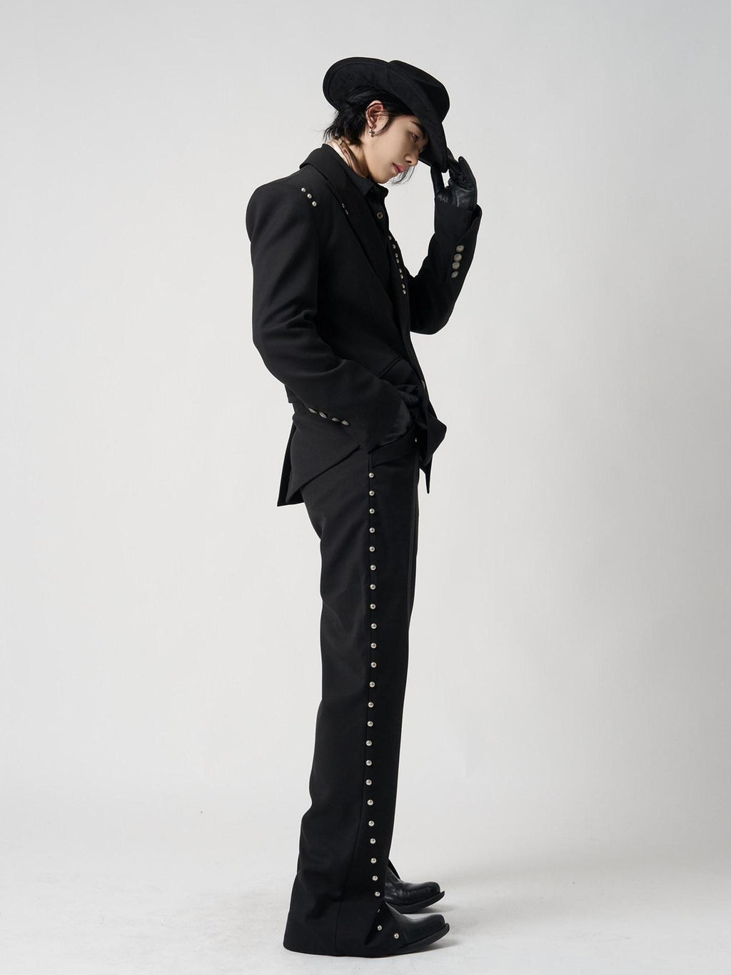 BALITONE Breathable Metal Mid Rise Split Hem Black Wide-Leg Casual Trousers