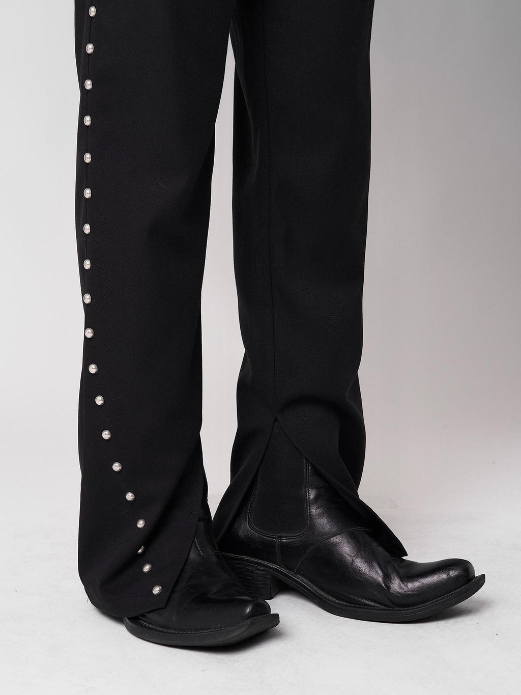 BALITONE Breathable Metal Mid Rise Split Hem Black Wide-Leg Casual Trousers