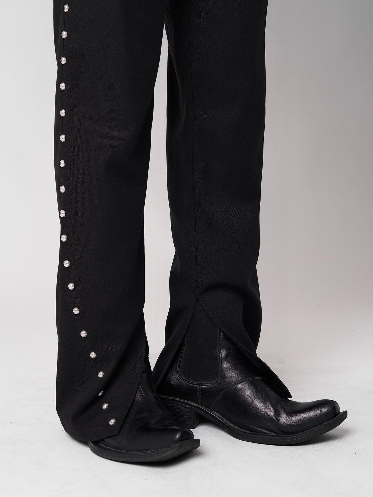 BALITONE Breathable Metal Mid Rise Split Hem Black Wide-Leg Casual Trousers