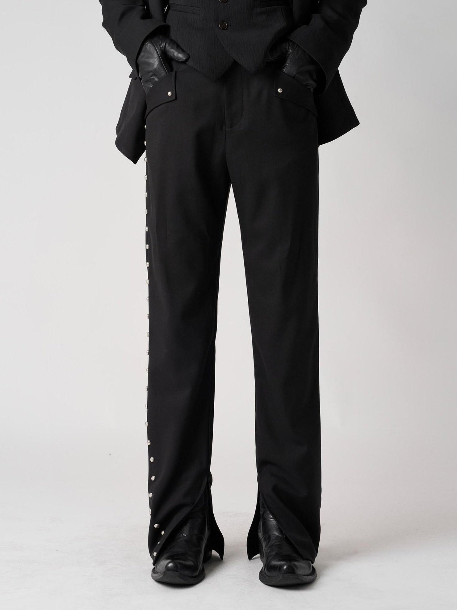 BALITONE Breathable Metal Mid Rise Split Hem Black Wide-Leg Casual Trousers