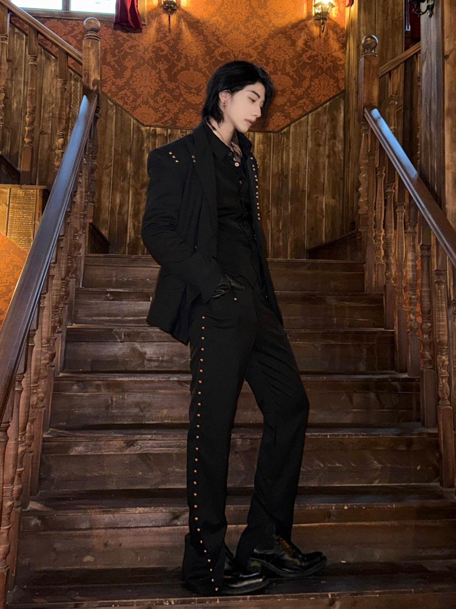 BALITONE Breathable Metal Mid Rise Split Hem Black Wide-Leg Casual Trousers