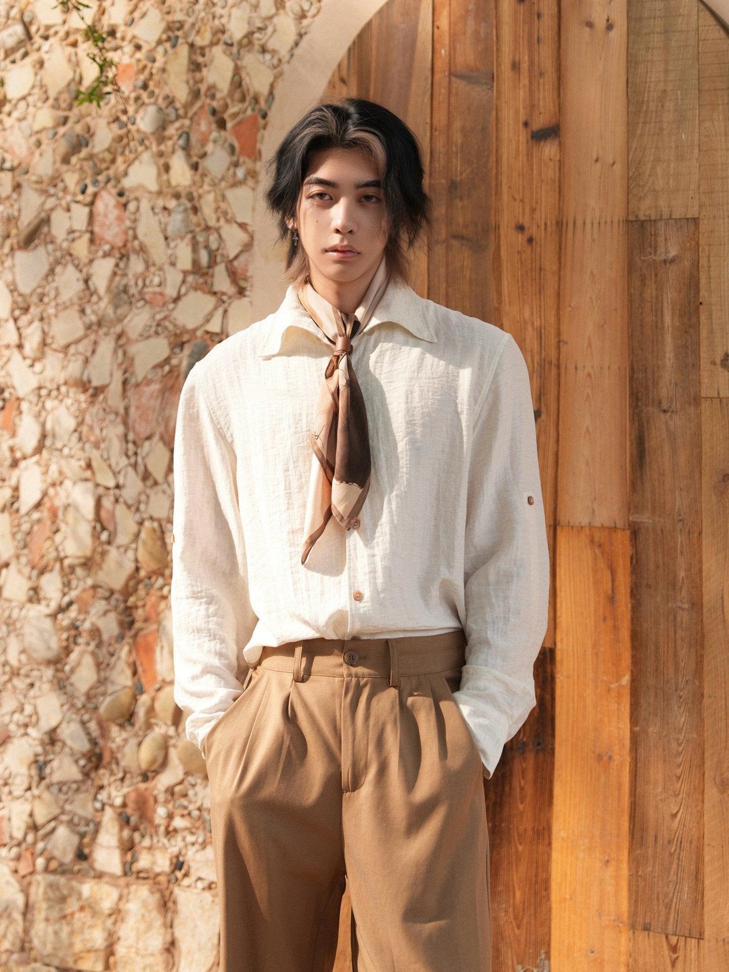 BALITONE Breathable Noniron Loose Collar Unisex Apricot Linen Blend Long Sleeve Shirts