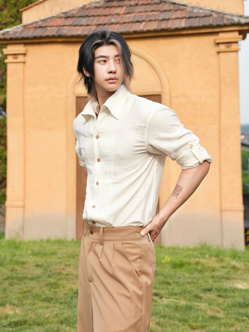 BALITONE Breathable Noniron Loose Collar Unisex Apricot Linen Blend Long Sleeve Shirts