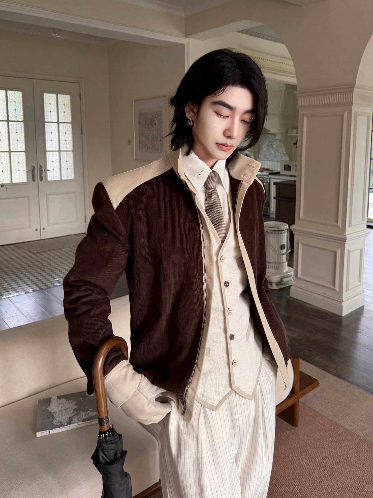 BALITONE Durable Cotton Patchwork Loose Stand Collar Men Dark Brown Corduroy Jackets