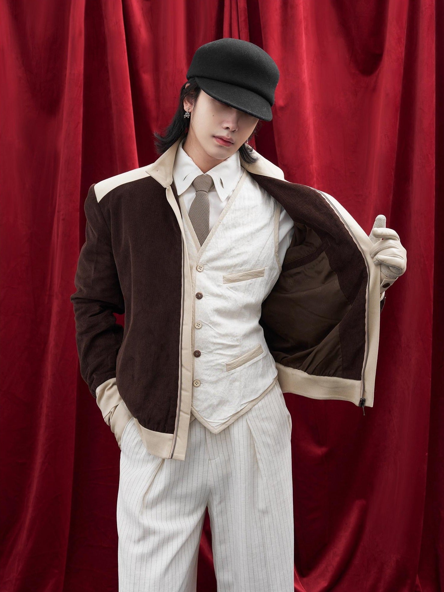 BALITONE Durable Cotton Patchwork Loose Stand Collar Men Dark Brown Corduroy Jackets