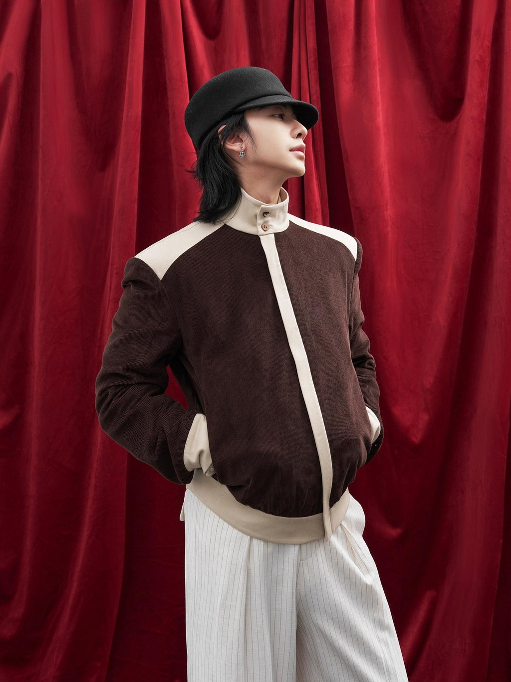 BALITONE Durable Cotton Patchwork Loose Stand Collar Men Dark Brown Corduroy Jackets
