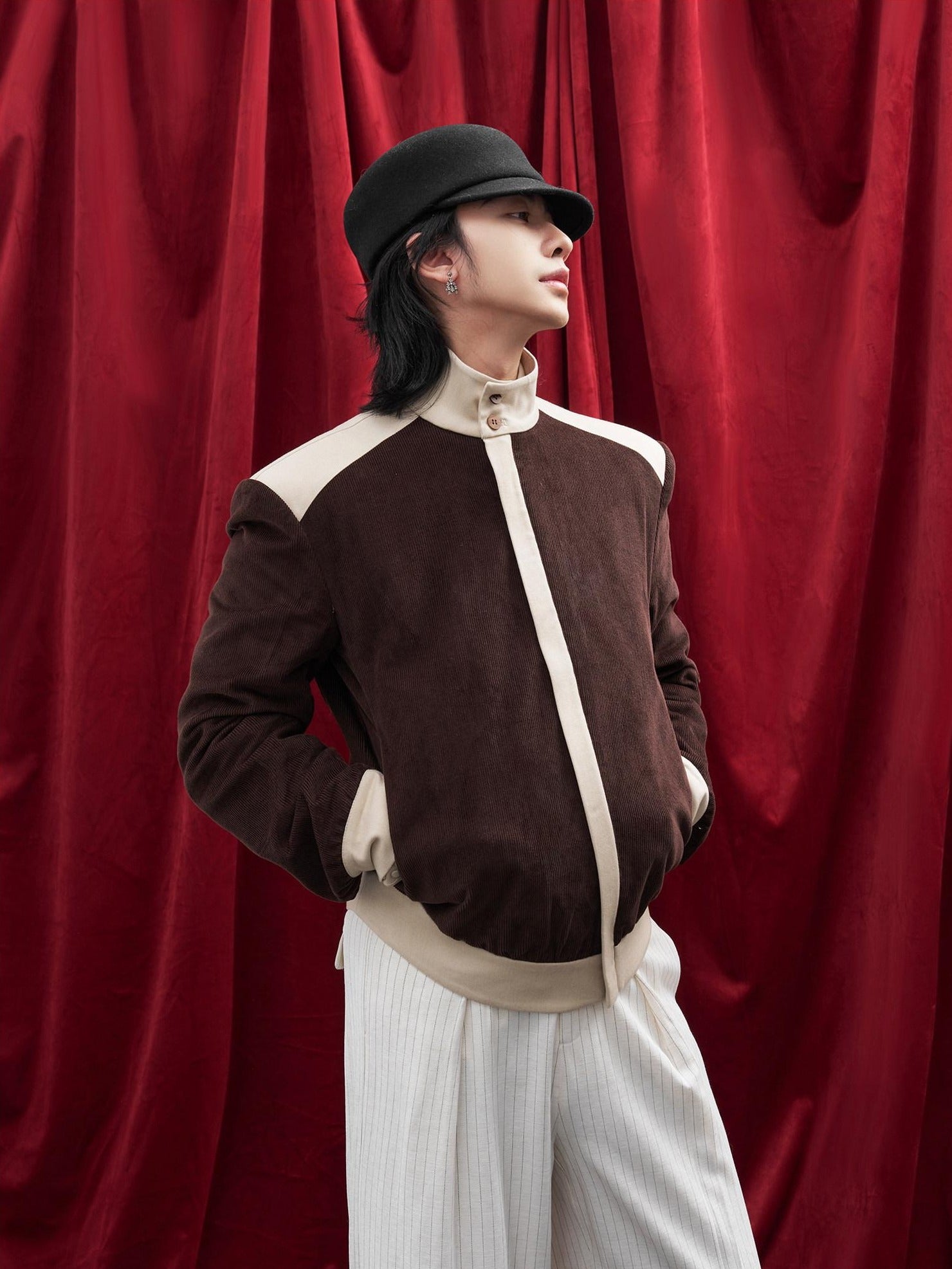 BALITONE Durable Cotton Patchwork Loose Stand Collar Men Dark Brown Corduroy Jackets