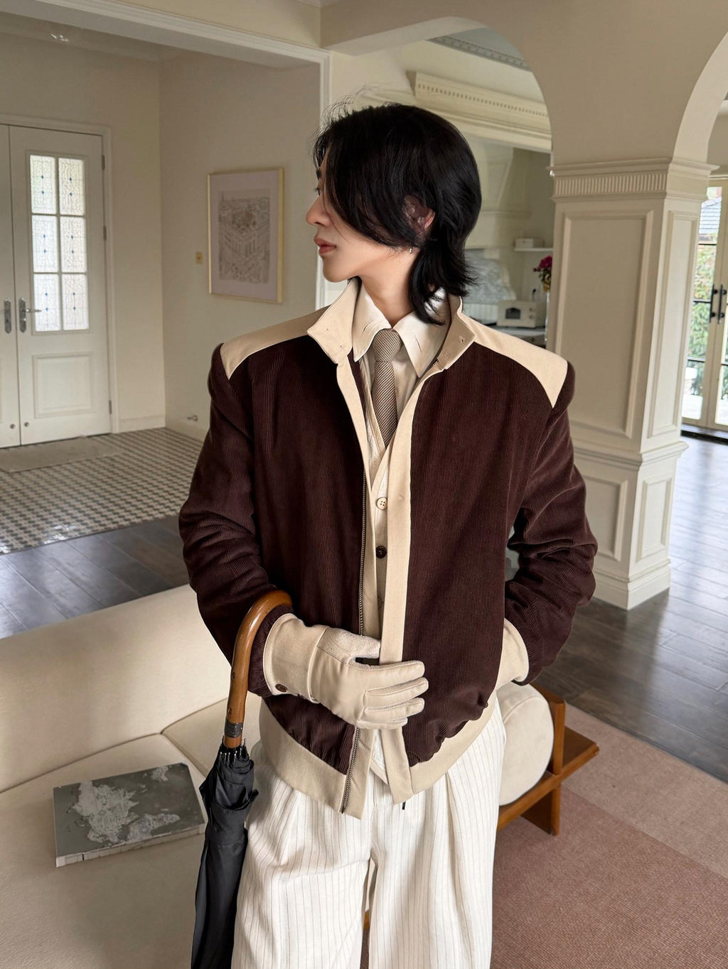 BALITONE Durable Cotton Patchwork Loose Stand Collar Men Dark Brown Corduroy Jackets
