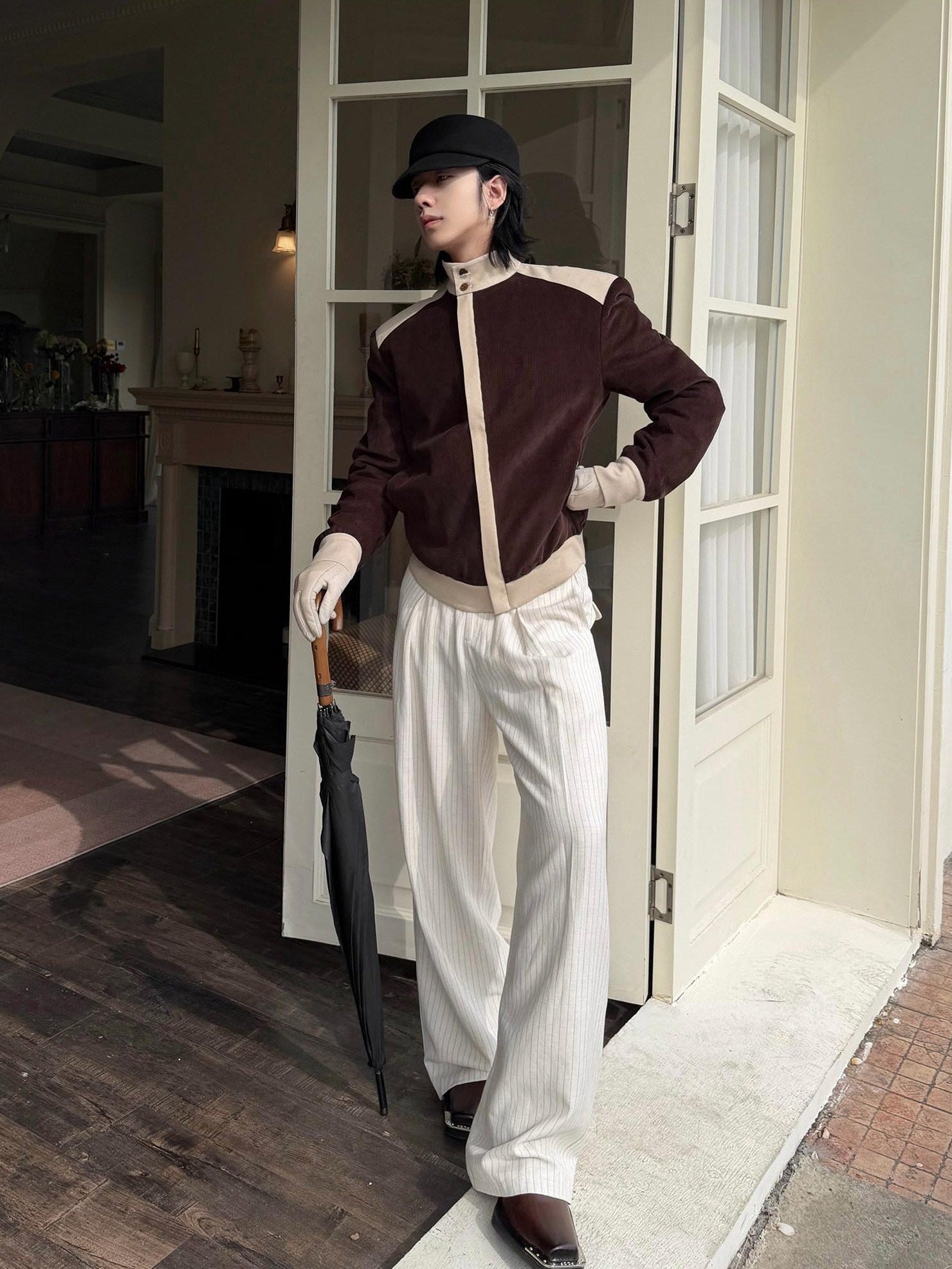 BALITONE Durable Cotton Patchwork Loose Stand Collar Men Dark Brown Corduroy Jackets