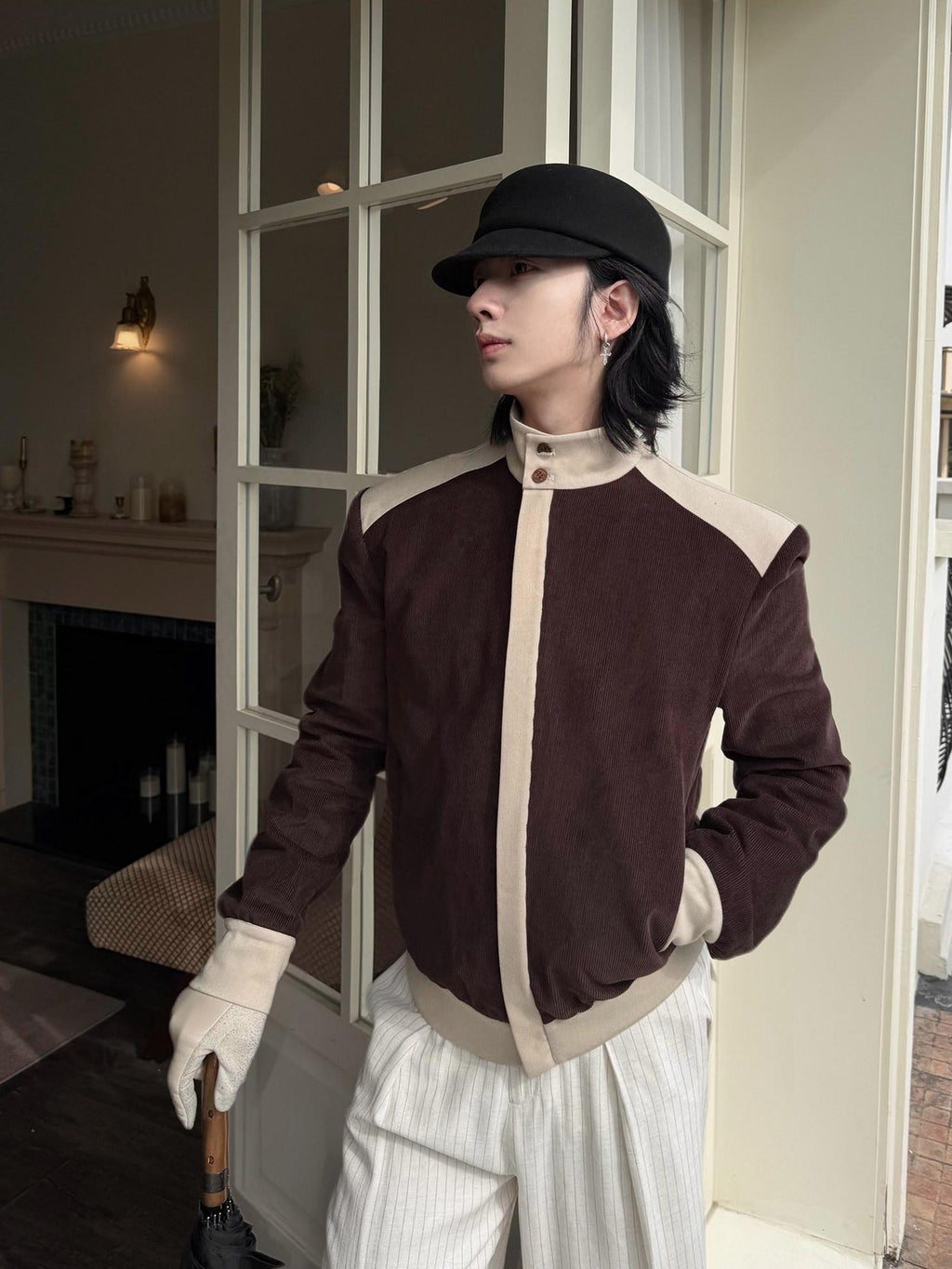 BALITONE Durable Cotton Patchwork Loose Stand Collar Men Dark Brown Corduroy Jackets