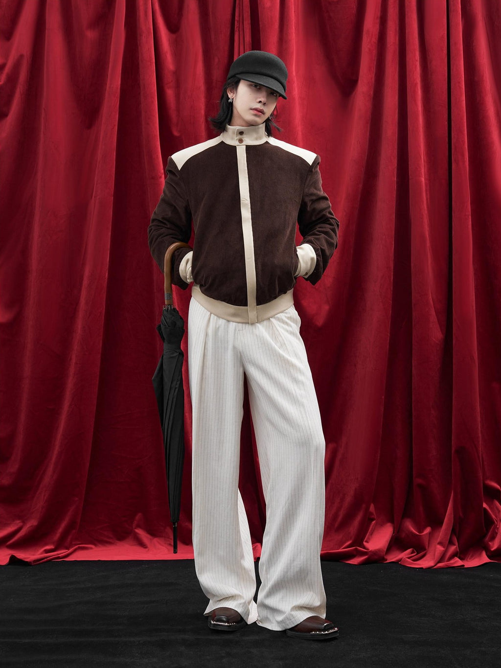 BALITONE Durable Cotton Patchwork Loose Stand Collar Men Dark Brown Corduroy Jackets