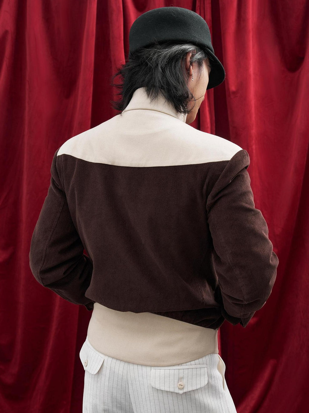 BALITONE Durable Cotton Patchwork Loose Stand Collar Men Dark Brown Corduroy Jackets