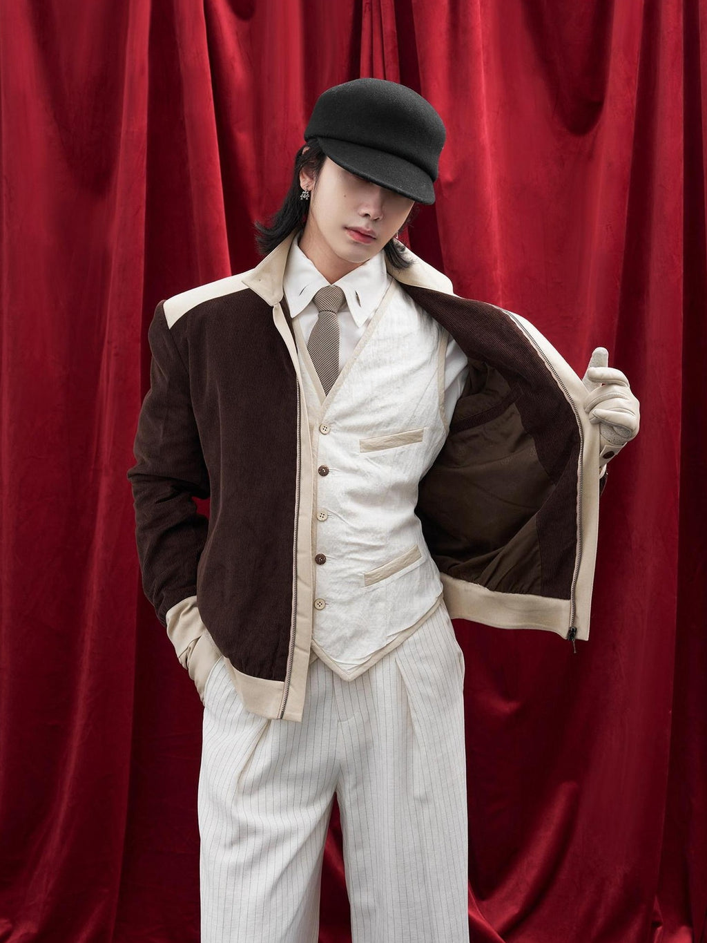 BALITONE Durable Cotton Patchwork Loose Stand Collar Men Dark Brown Corduroy Jackets