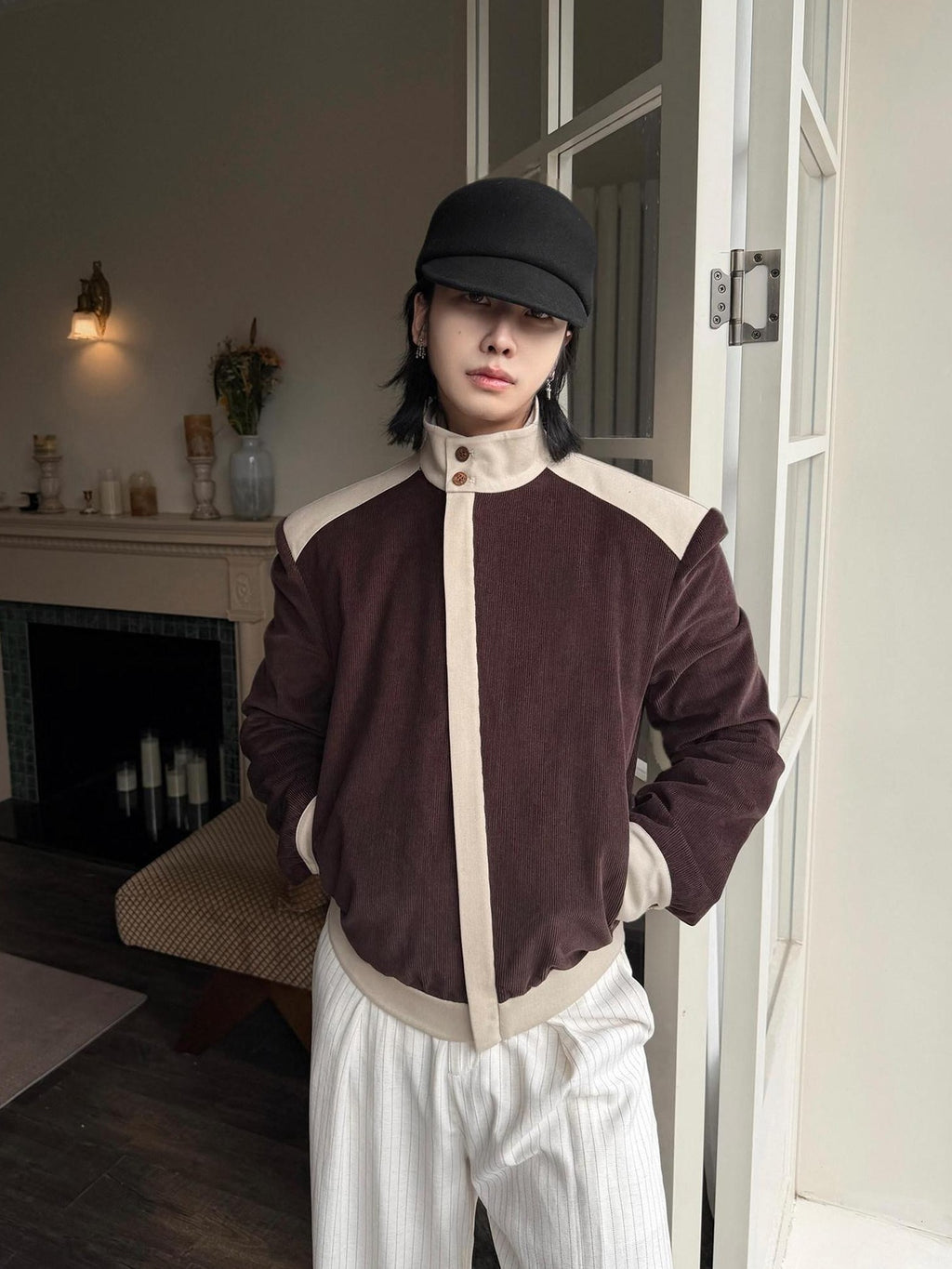 BALITONE Durable Cotton Patchwork Loose Stand Collar Men Dark Brown Corduroy Jackets