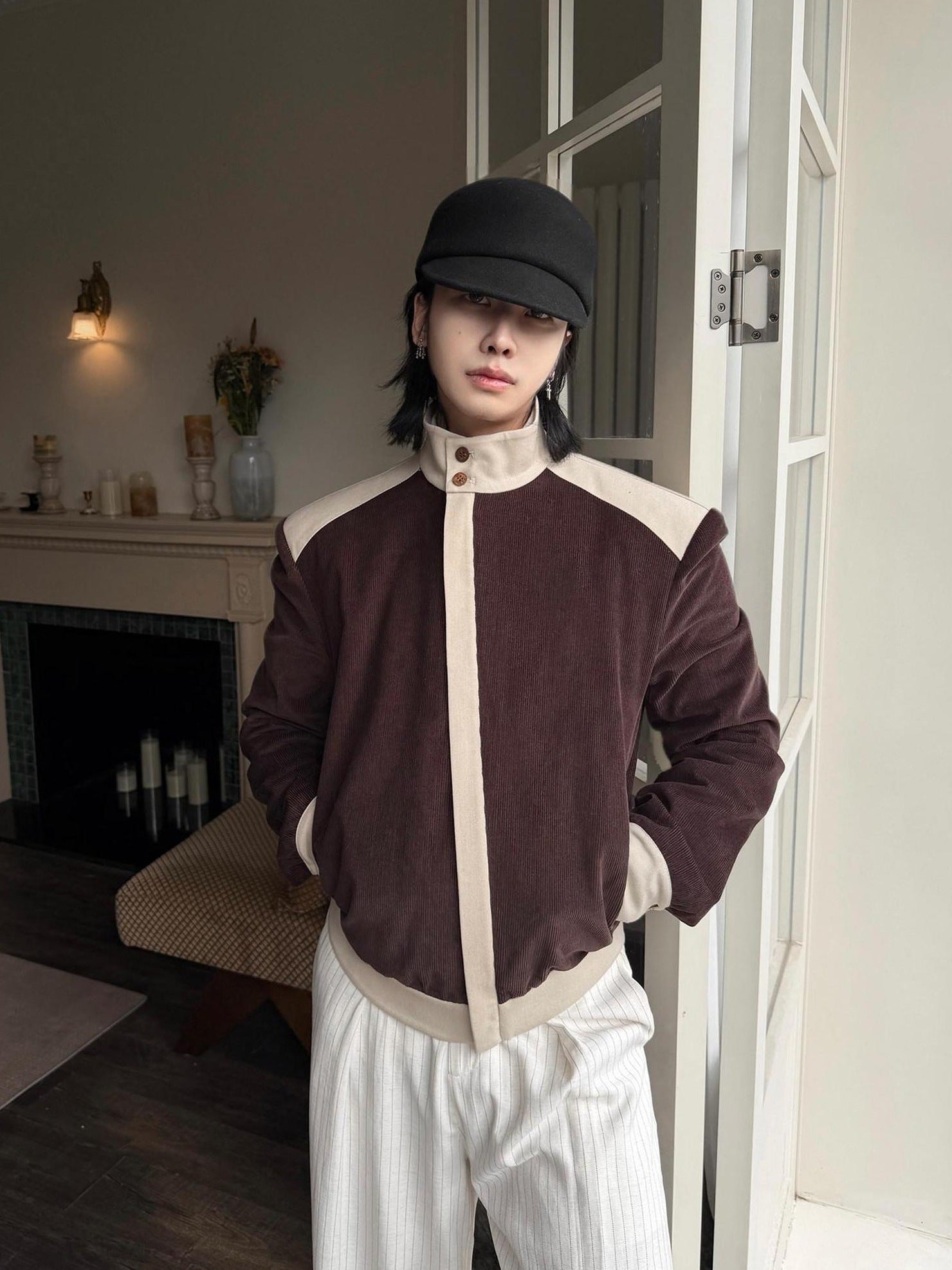 BALITONE Durable Cotton Patchwork Loose Stand Collar Men Dark Brown Corduroy Jackets