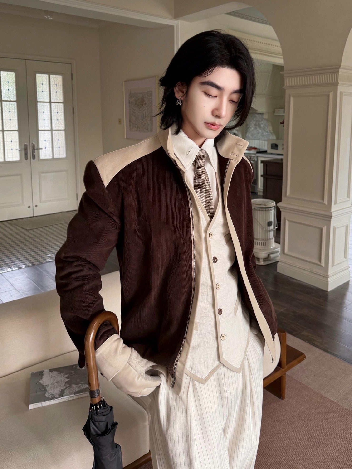 BALITONE Durable Cotton Patchwork Loose Stand Collar Men Dark Brown Corduroy Jackets