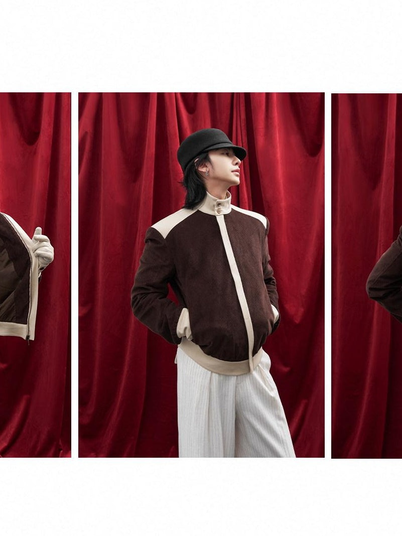 BALITONE Durable Cotton Patchwork Loose Stand Collar Men Dark Brown Corduroy Jackets