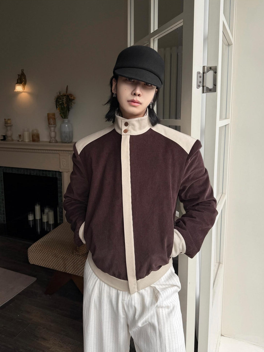 BALITONE Durable Cotton Patchwork Loose Stand Collar Men Dark Brown Corduroy Jackets