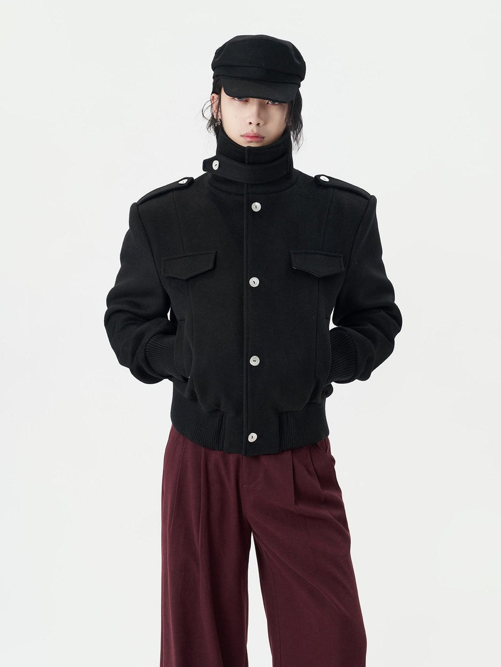 BALITONE Embroidered 3D Detail Relaxed Fit Stand Collar Unisex Black Wool Jackets