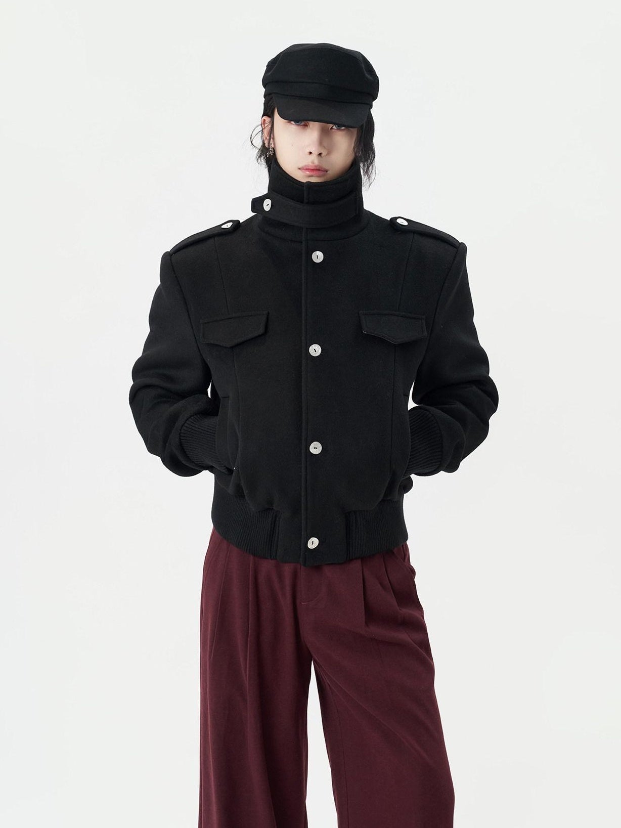 BALITONE Embroidered 3D Detail Relaxed Fit Stand Collar Unisex Black Wool Jackets