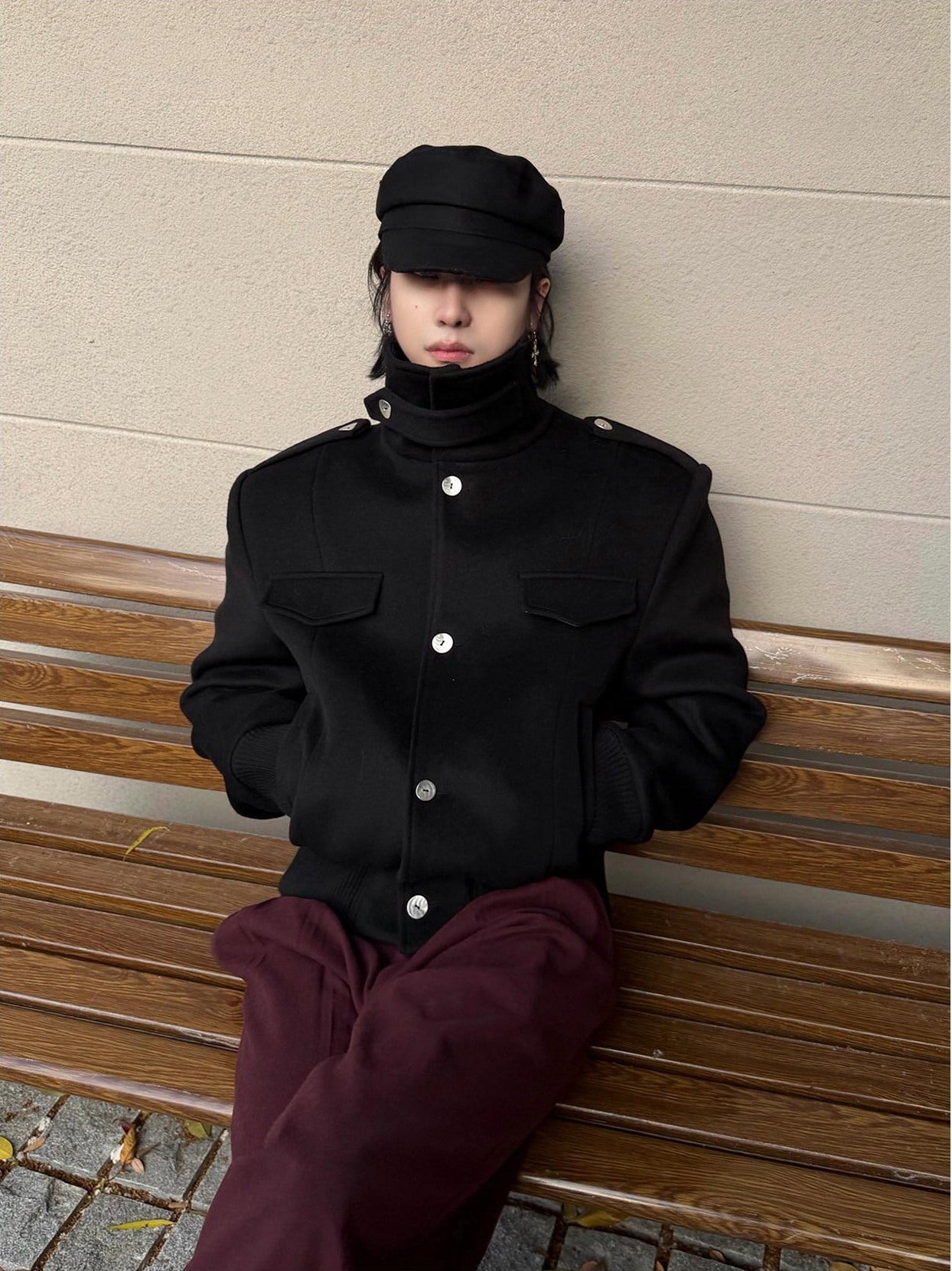 BALITONE Embroidered 3D Detail Relaxed Fit Stand Collar Unisex Black Wool Jackets